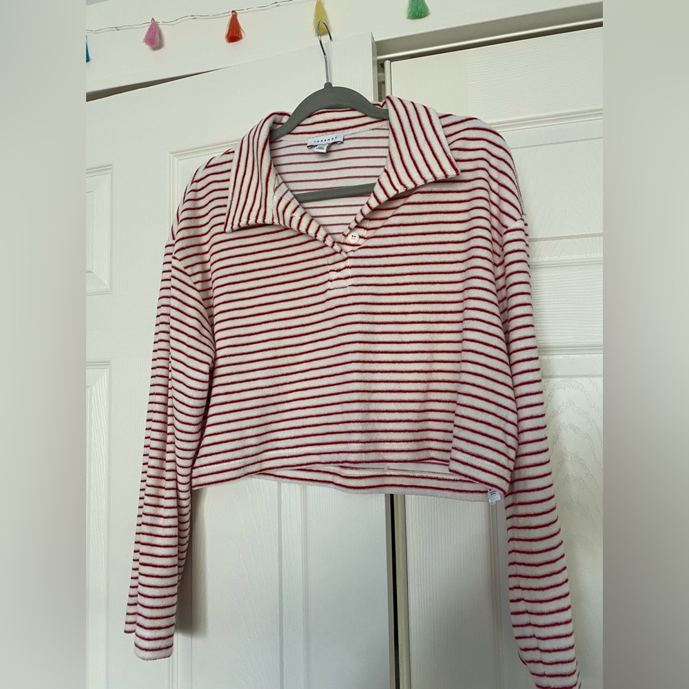 TOPSHOP Cropped collared sweater - red & white striped
